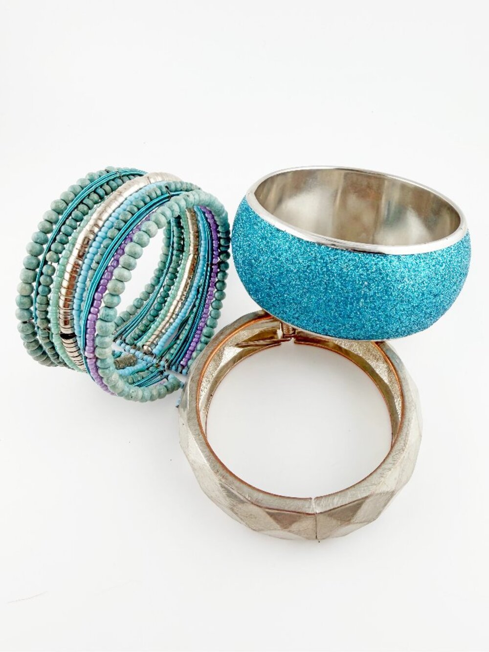 Boho Silver & Turquoise Bracelet Stack Set Beaded Cuff Sparkle Bangle Lot 3